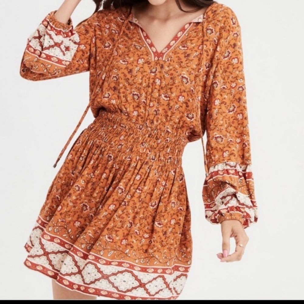 American Eagle Small Peasant Boho Dress Toffee Floral Mixed Print Tie Neck